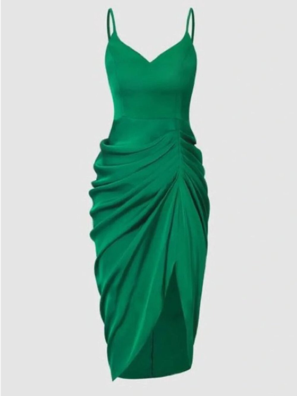 NWT‼ MICAS S Emerald Ruched Spaghetti-Strap Asymmetrical Slit Midi Evening Dress